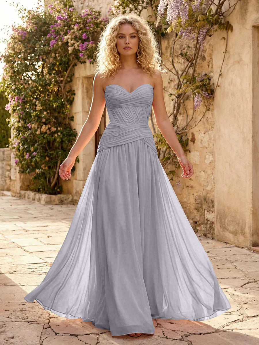 Chiffon A Line Sweetheart Pleated Corset Bridesmaid Dresses