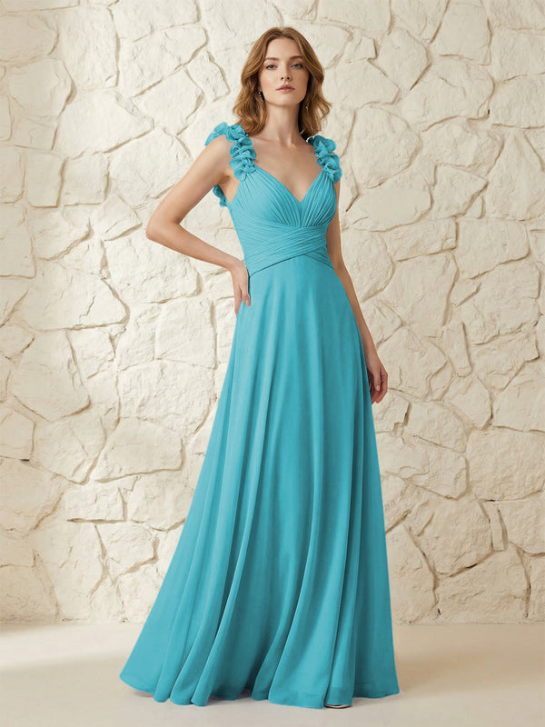 Chiffon V Neck Pleated Corset Bridesmaid Dresses with 3D Flower