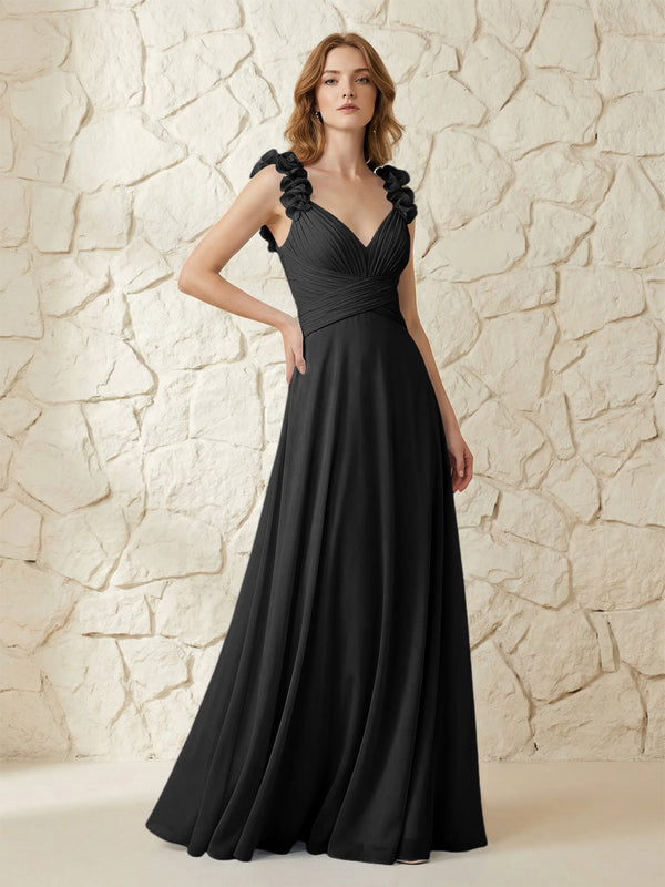 Chiffon V Neck Pleated Corset Bridesmaid Dresses with 3D Flower