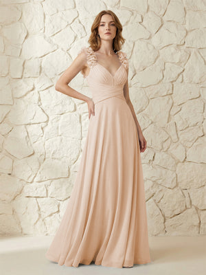 Chiffon V Neck Pleated Corset Bridesmaid Dresses with 3D Flower