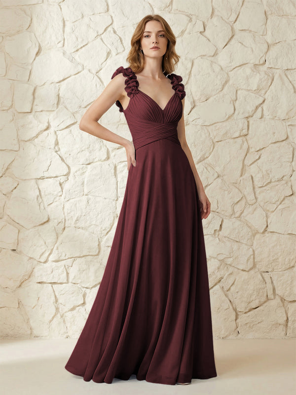 Chiffon V Neck Pleated Corset Bridesmaid Dresses with 3D Flower