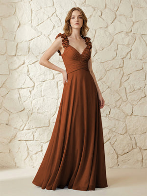 Chiffon V Neck Pleated Corset Bridesmaid Dresses with 3D Flower