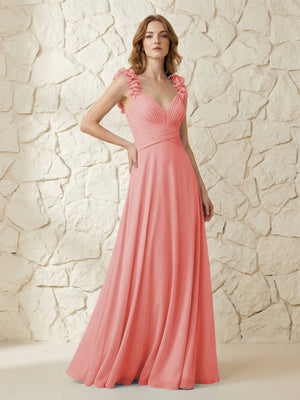 Chiffon V Neck Pleated Corset Bridesmaid Dresses with 3D Flower