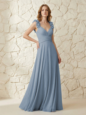 Chiffon V Neck Pleated Corset Bridesmaid Dresses with 3D Flower