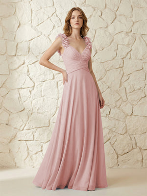 Chiffon V Neck Pleated Corset Bridesmaid Dresses with 3D Flower