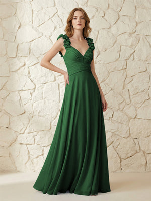 Chiffon V Neck Pleated Corset Bridesmaid Dresses with 3D Flower