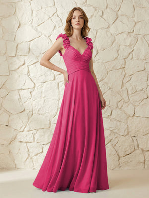 Chiffon V Neck Pleated Corset Bridesmaid Dresses with 3D Flower