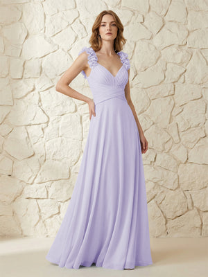 Chiffon V Neck Pleated Corset Bridesmaid Dresses with 3D Flower