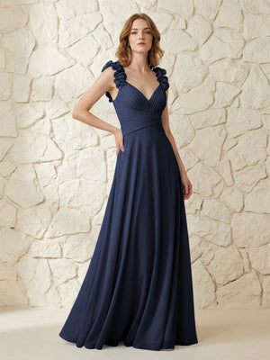 Chiffon V Neck Pleated Corset Bridesmaid Dresses with 3D Flower