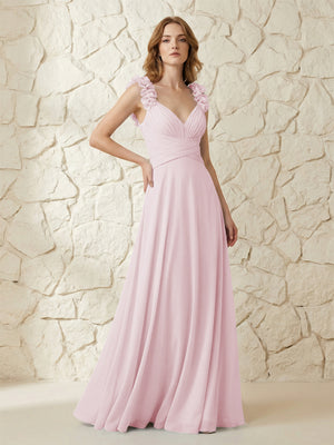 Chiffon V Neck Pleated Corset Bridesmaid Dresses with 3D Flower