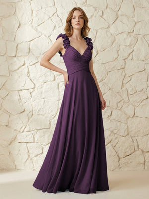 Chiffon V Neck Pleated Corset Bridesmaid Dresses with 3D Flower