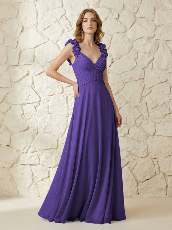 Chiffon V Neck Pleated Corset Bridesmaid Dresses with 3D Flower