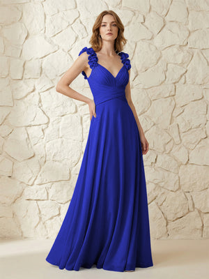 Chiffon V Neck Pleated Corset Bridesmaid Dresses with 3D Flower