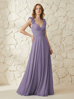 Chiffon V Neck Pleated Corset Bridesmaid Dresses with 3D Flower