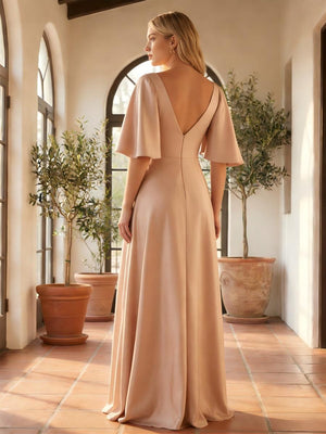 Satin A Line V Neck Corset Bridesmaid Dresses