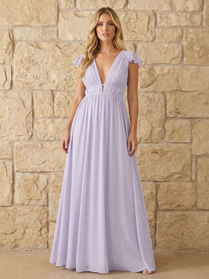 Chiffon V Neck Pleated Corset Bridesmaid Dresses