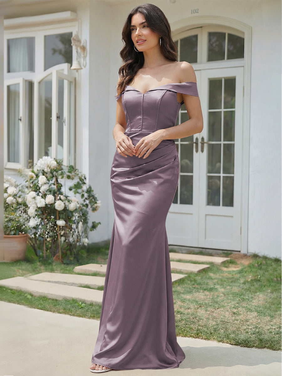 Satin Mermaid Off the Shoulder Long Bridesmaid Dresses