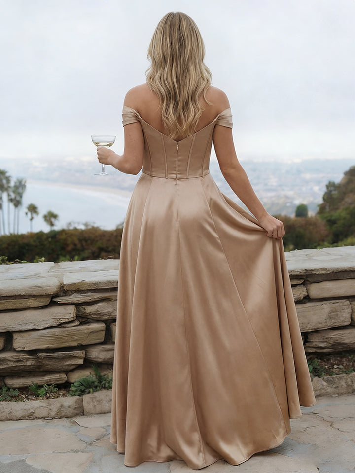 Satin A Line Off the Shoulder Long Bridesmaid Dresses