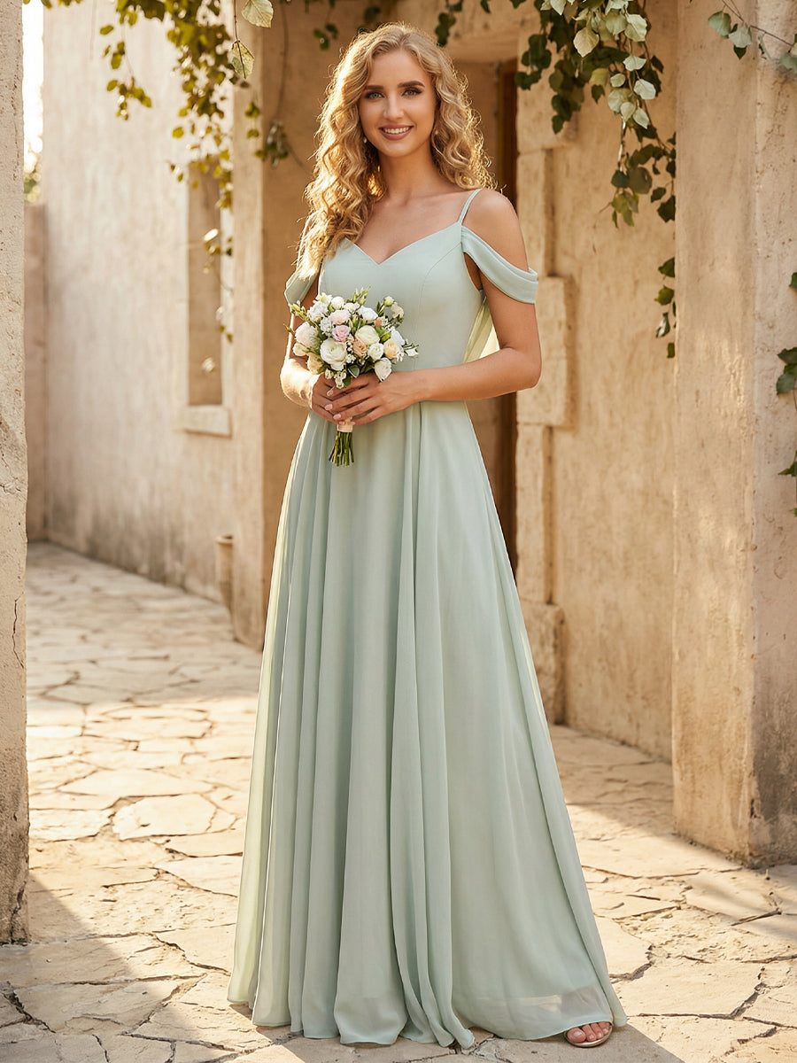 Chiffon Off the Shoulder V Neck Bridesmaid Dresses
