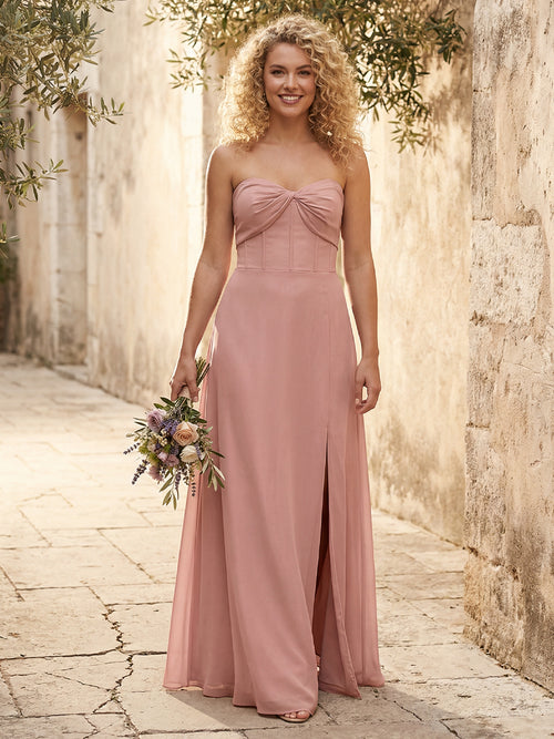 Chiffon Strapless Long Bridesmaid Dresses with Slit