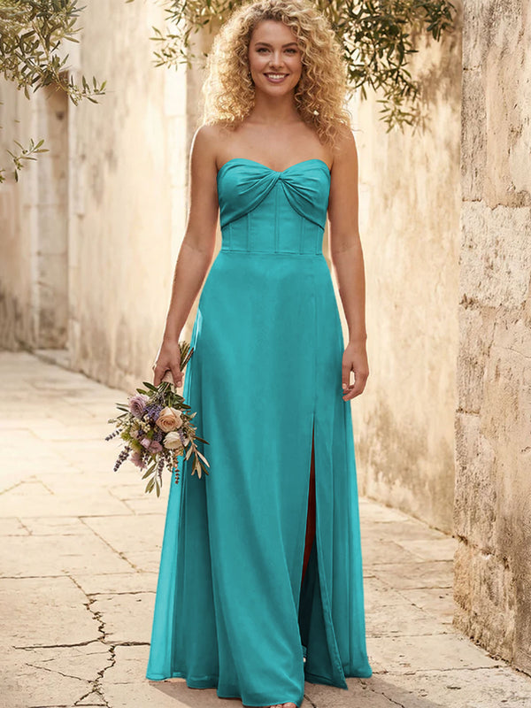 Chiffon Strapless Long Bridesmaid Dresses with Slit