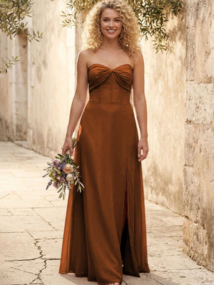 Chiffon Strapless Long Bridesmaid Dresses with Slit
