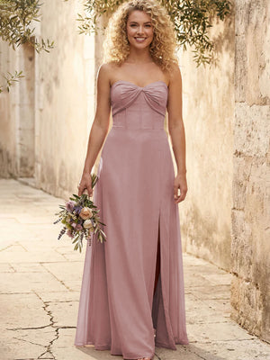 Chiffon Strapless Long Bridesmaid Dresses with Slit