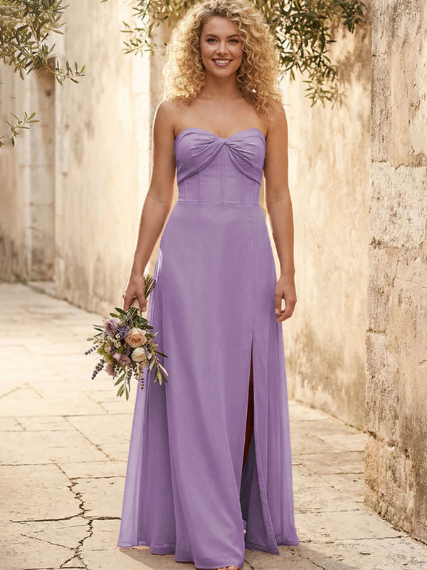 Chiffon Strapless Long Bridesmaid Dresses with Slit