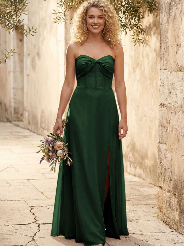 Chiffon Strapless Long Bridesmaid Dresses with Slit