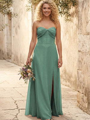 Chiffon Strapless Long Bridesmaid Dresses with Slit