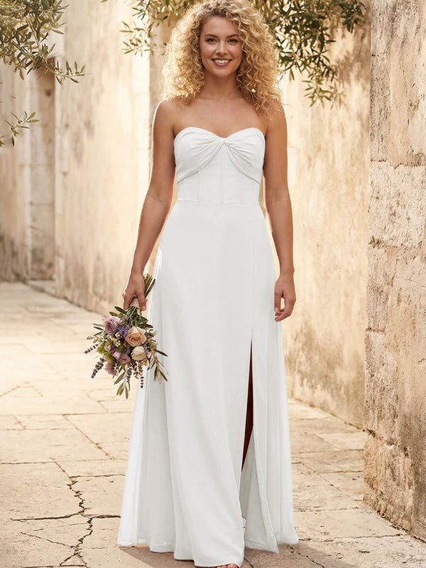 Chiffon Strapless Long Bridesmaid Dresses with Slit