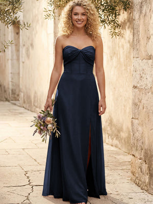 Chiffon Strapless Long Bridesmaid Dresses with Slit