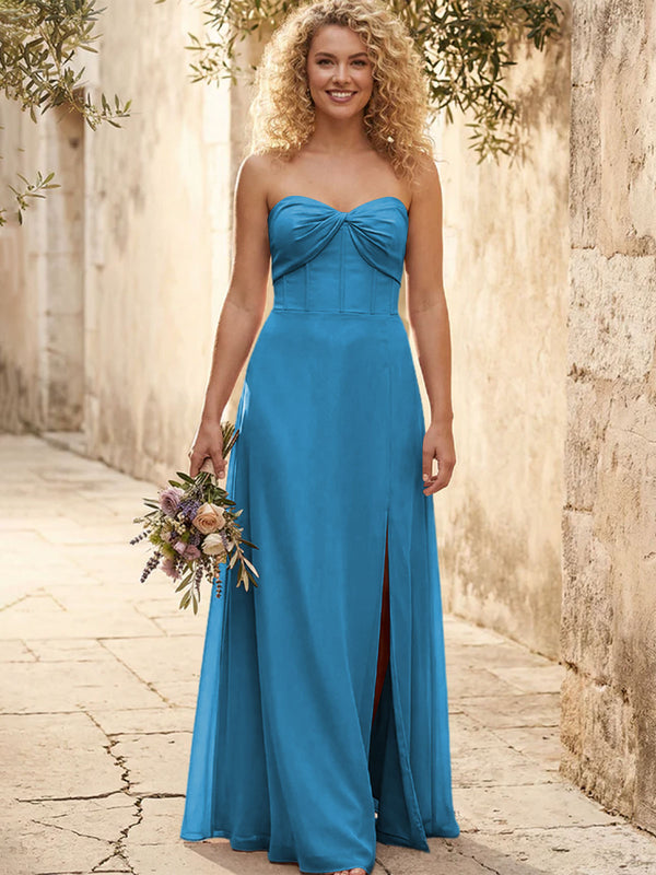 Chiffon Strapless Long Bridesmaid Dresses with Slit