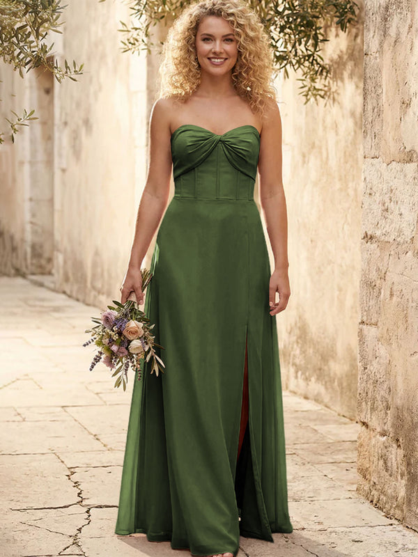 Chiffon Strapless Long Bridesmaid Dresses with Slit