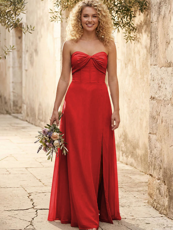 Chiffon Strapless Long Bridesmaid Dresses with Slit