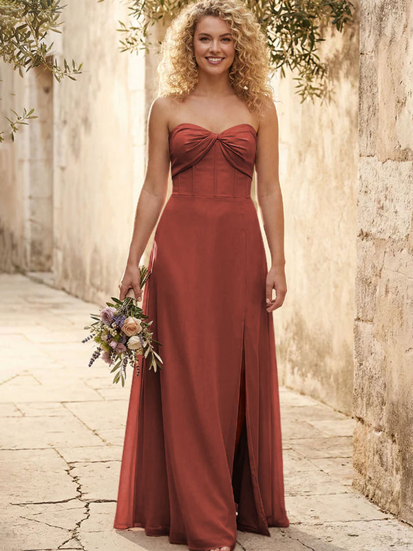 Chiffon Strapless Long Bridesmaid Dresses with Slit