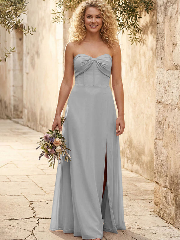 Chiffon Strapless Long Bridesmaid Dresses with Slit