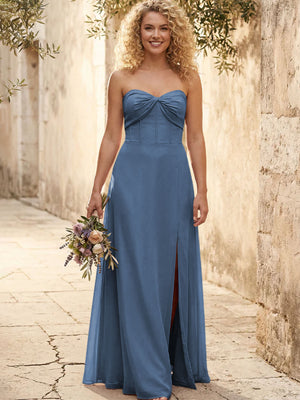Chiffon Strapless Long Bridesmaid Dresses with Slit