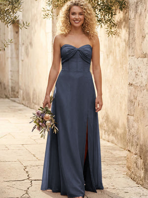 Chiffon Strapless Long Bridesmaid Dresses with Slit