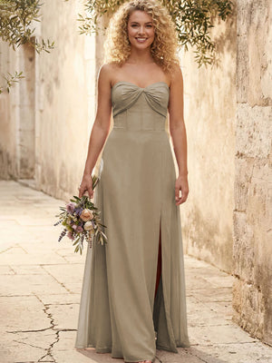 Chiffon Strapless Long Bridesmaid Dresses with Slit