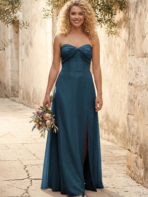 Chiffon Strapless Long Bridesmaid Dresses with Slit
