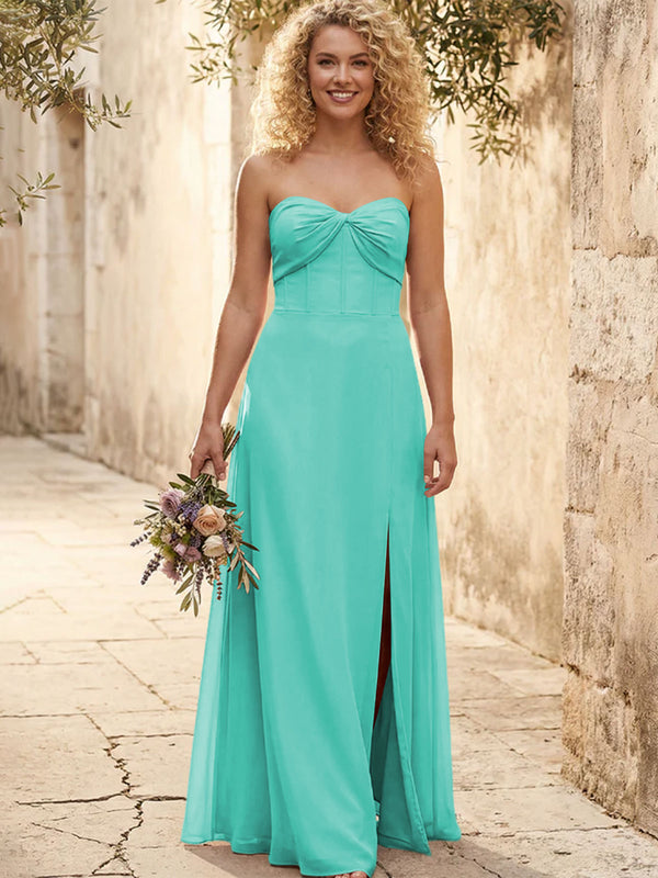 Chiffon Strapless Long Bridesmaid Dresses with Slit