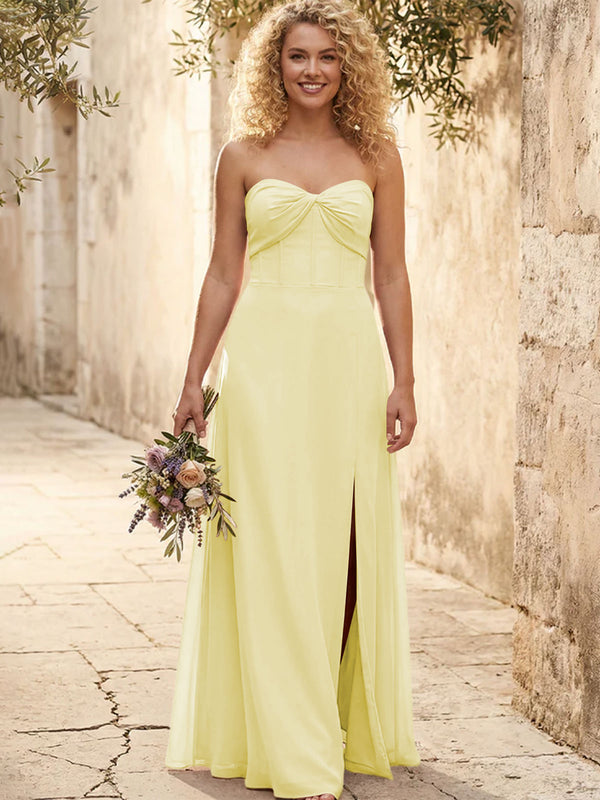 Chiffon Strapless Long Bridesmaid Dresses with Slit