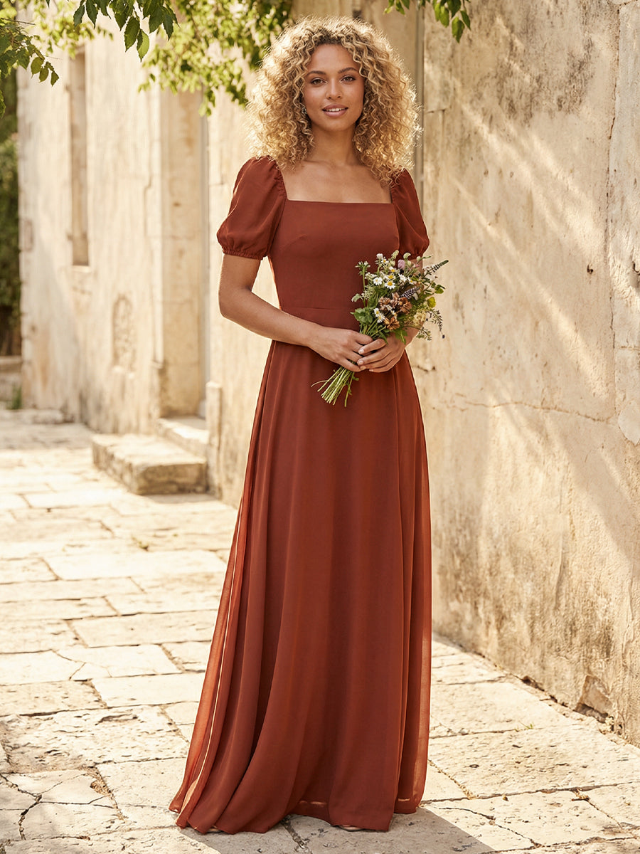 Chiffon Square Neck Long Bridesmaid Dresses with Sleeves