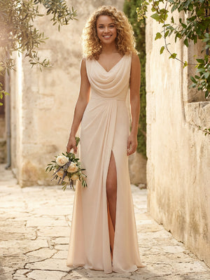 Cowl Neck Chiffon A Line Bridesmaid Dresses with Slit