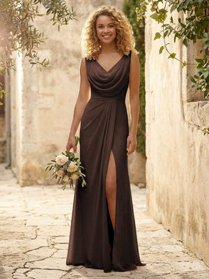 Cowl Neck Chiffon A Line Bridesmaid Dresses with Slit
