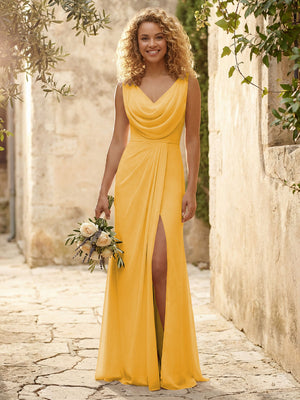 Cowl Neck Chiffon A Line Bridesmaid Dresses with Slit