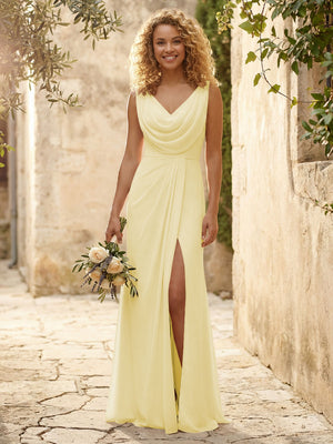 Cowl Neck Chiffon A Line Bridesmaid Dresses with Slit
