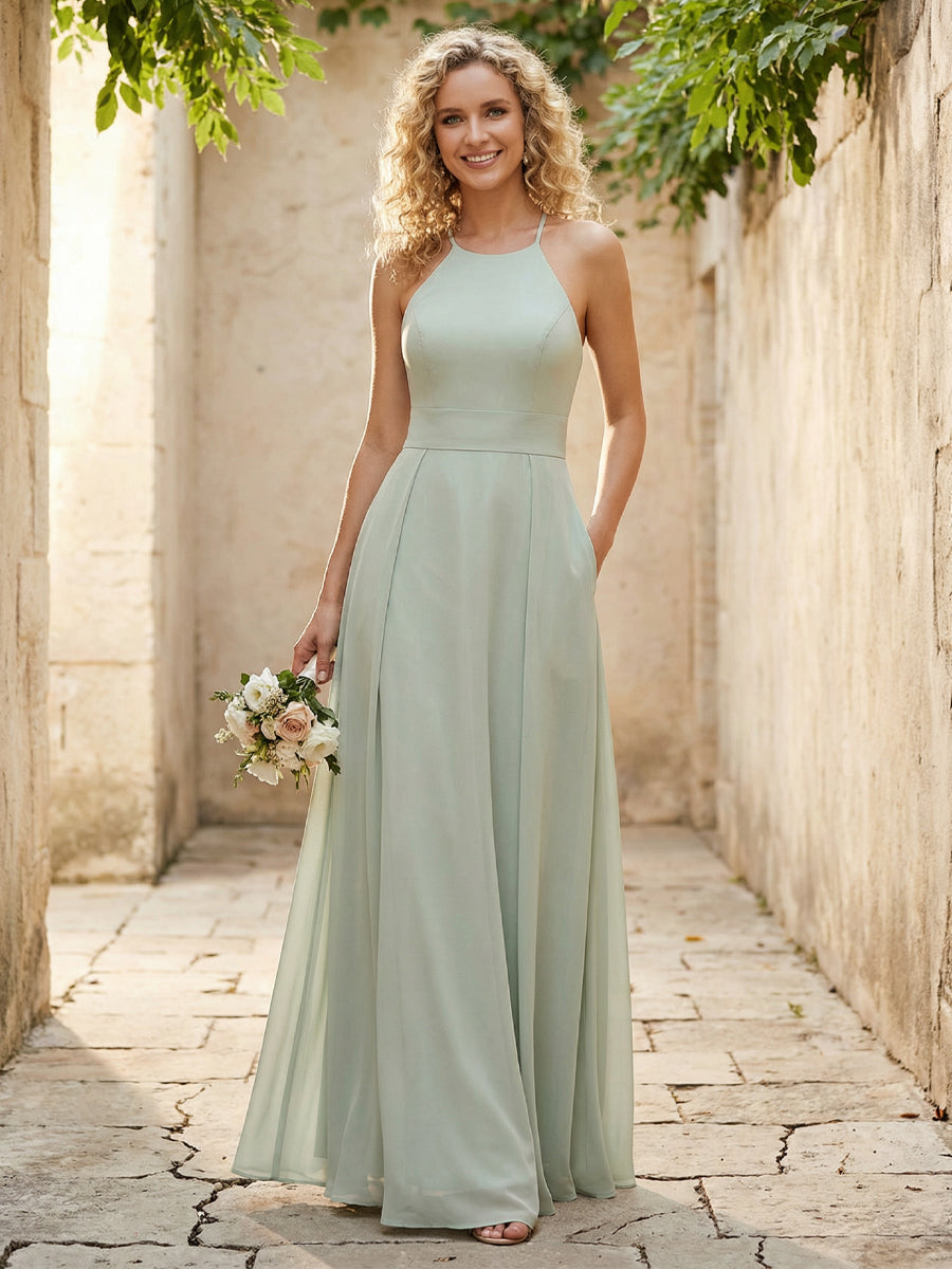 Halter Chiffon A Line Long Bridesmaid Dresses
