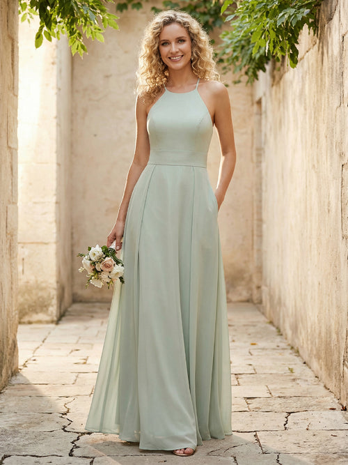 Halter Chiffon A Line Long Bridesmaid Dresses